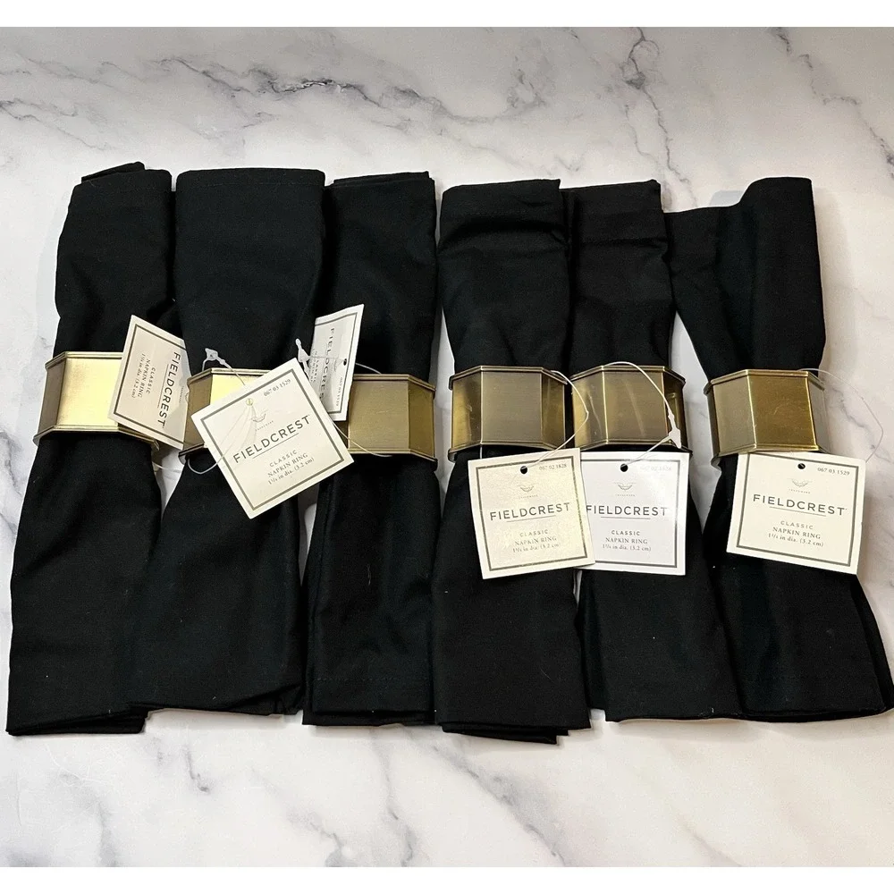 2000's Vintage Fieldcrest Brass Tone Napkin Rings W/ Black Napkins 6 Pc Set